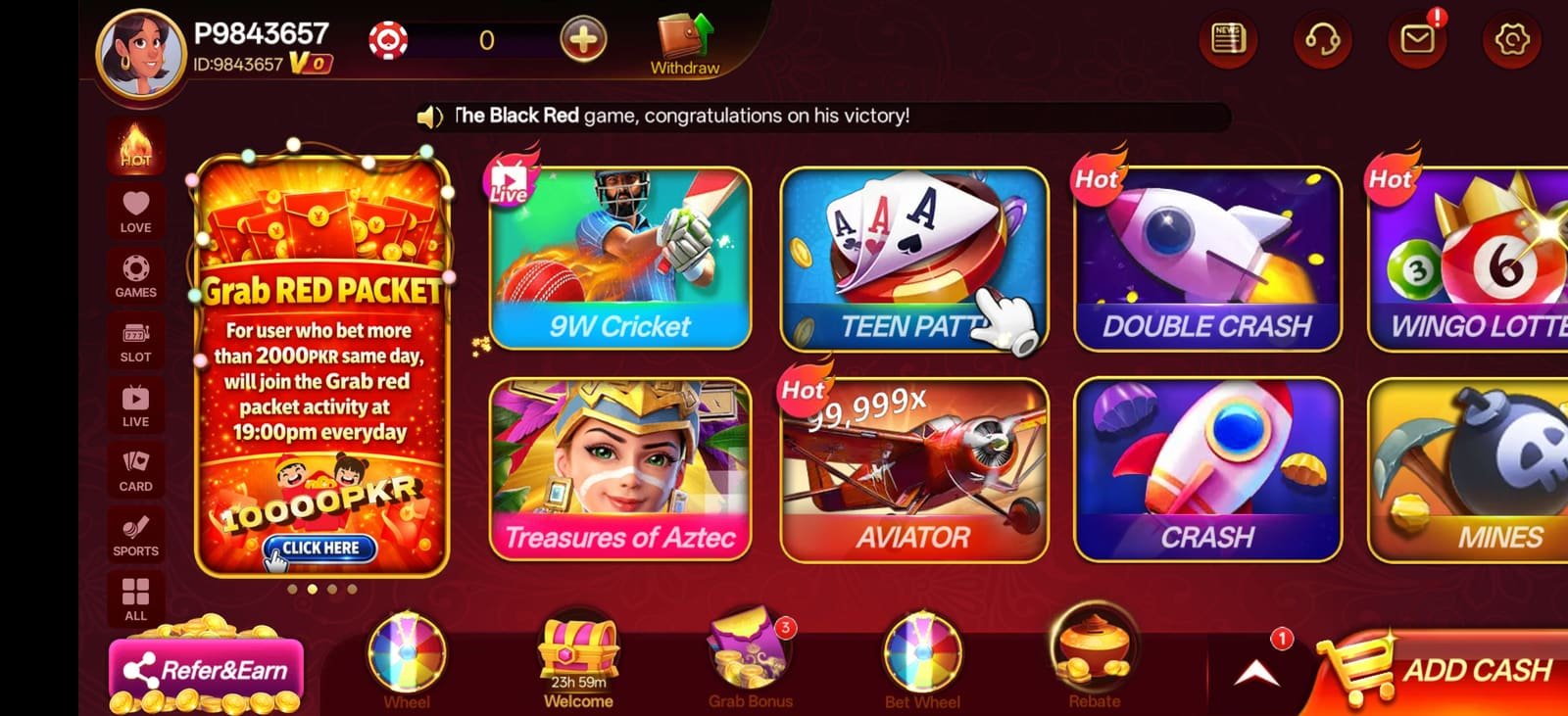 S9 Game app main lobby with the Grab Red Packet promotion and featured slot tiles
