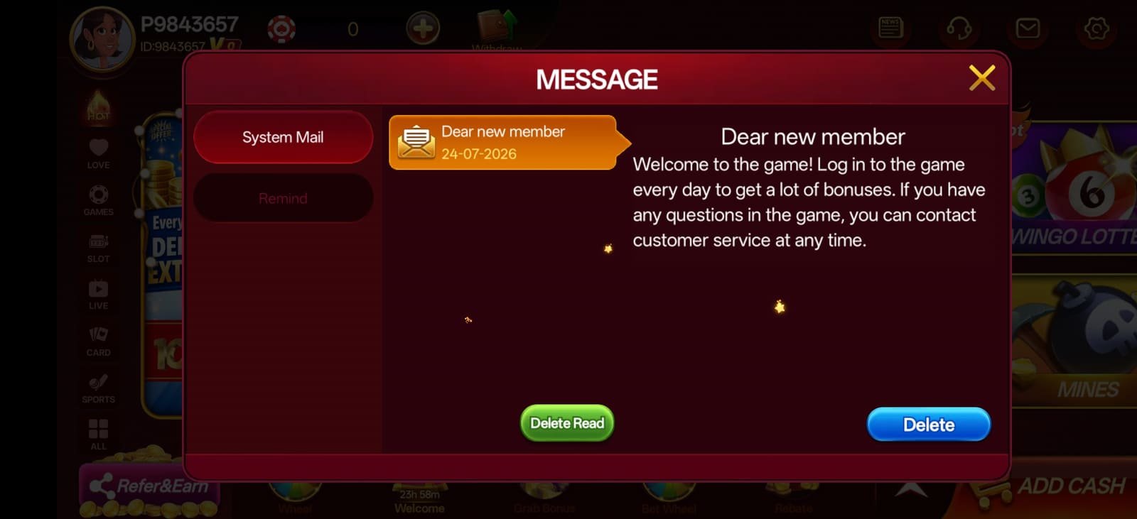 S9 app system mail inbox showing a welcome message for new members