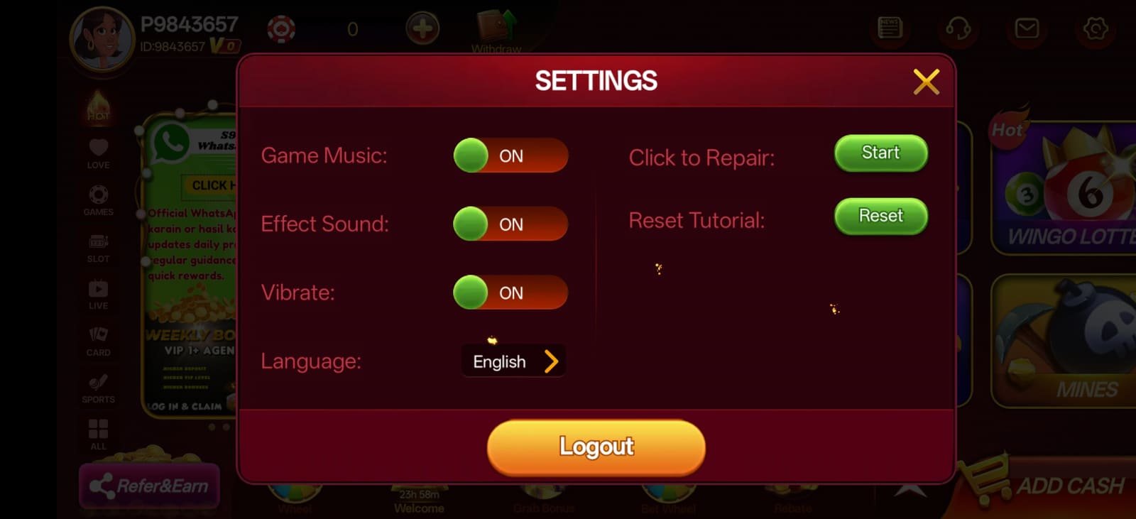 S9 app settings panel with game music, effect sound, vibration and language options