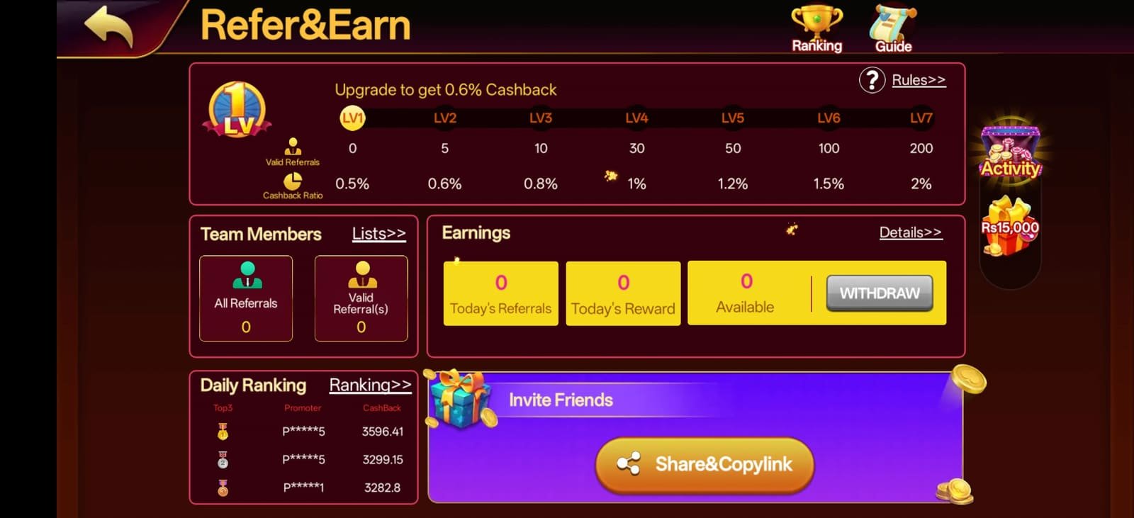 S9 Game Refer and Earn dashboard showing cashback levels, team members and daily ranking