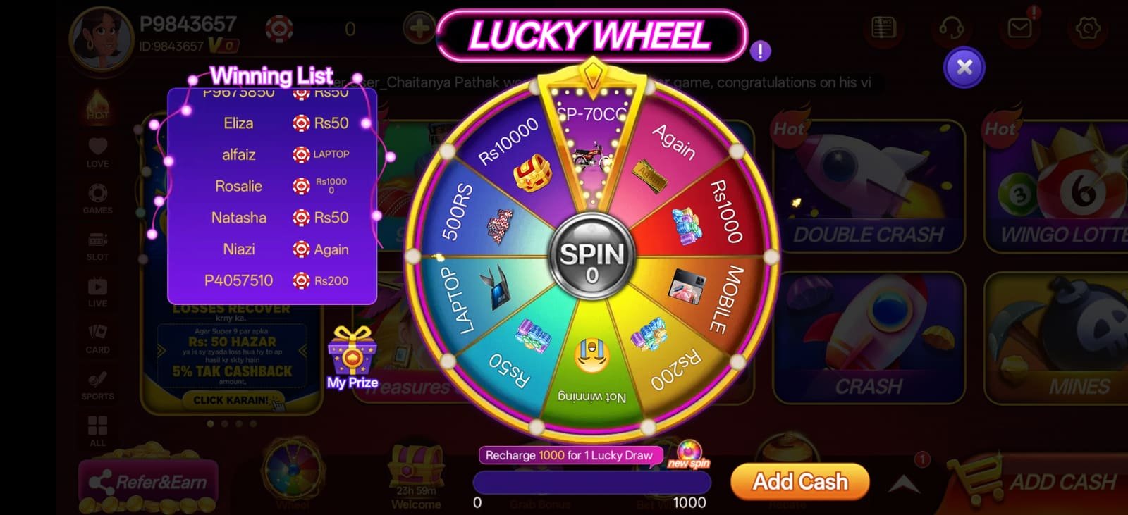 S9 app Lucky Wheel event with prize segments and a live winning list