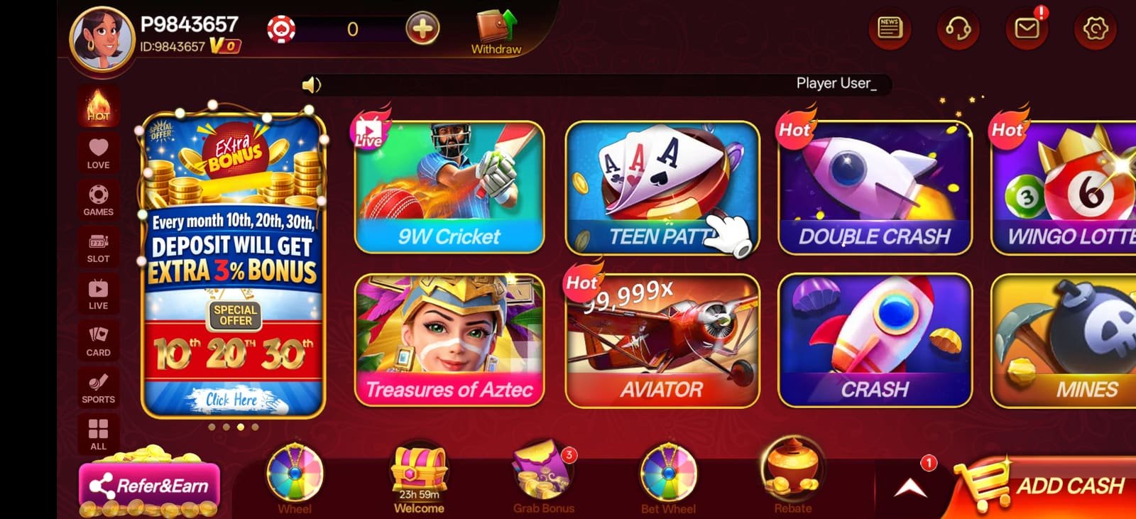 S9 app special offer banner for extra deposit bonus on the 10th, 20th and 30th