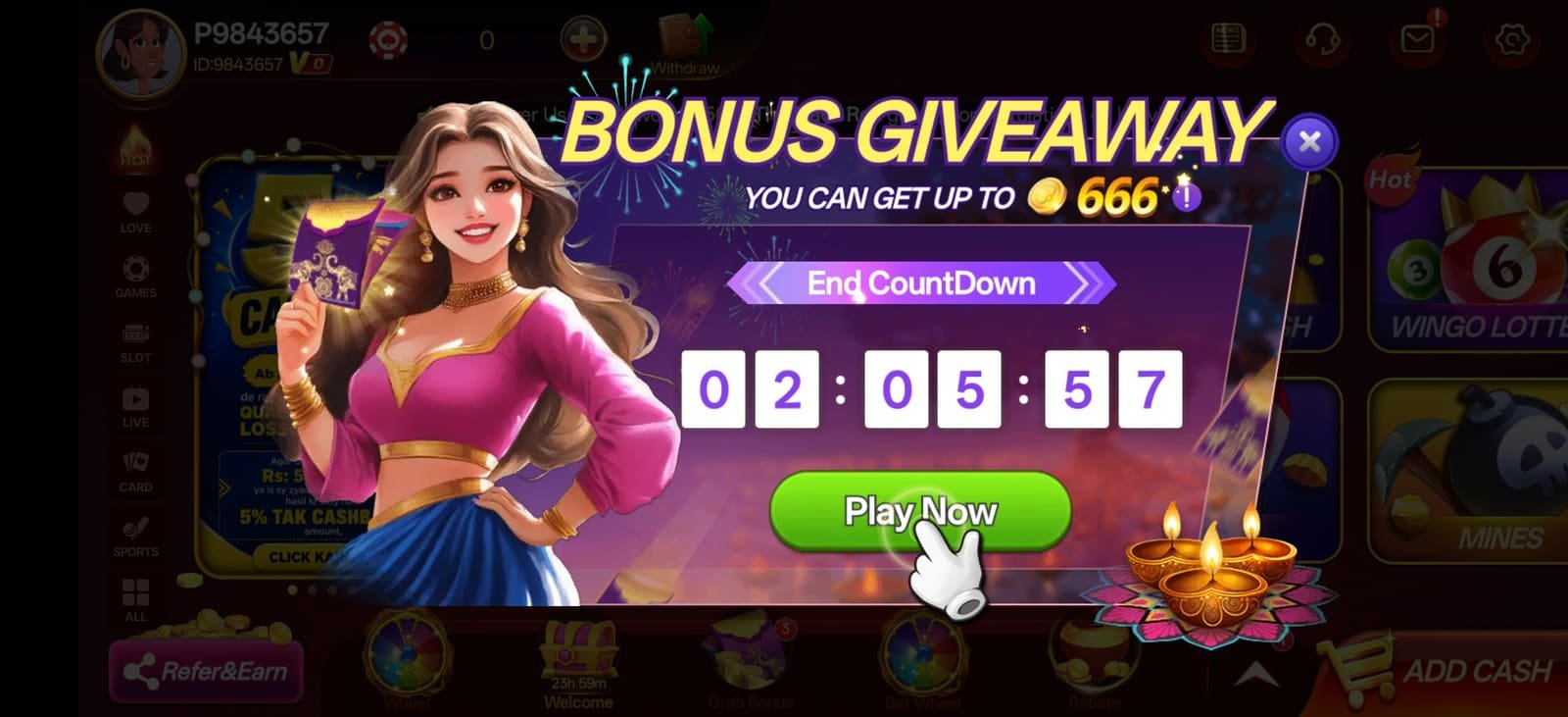 S9 app bonus giveaway event with a live countdown timer and play now button