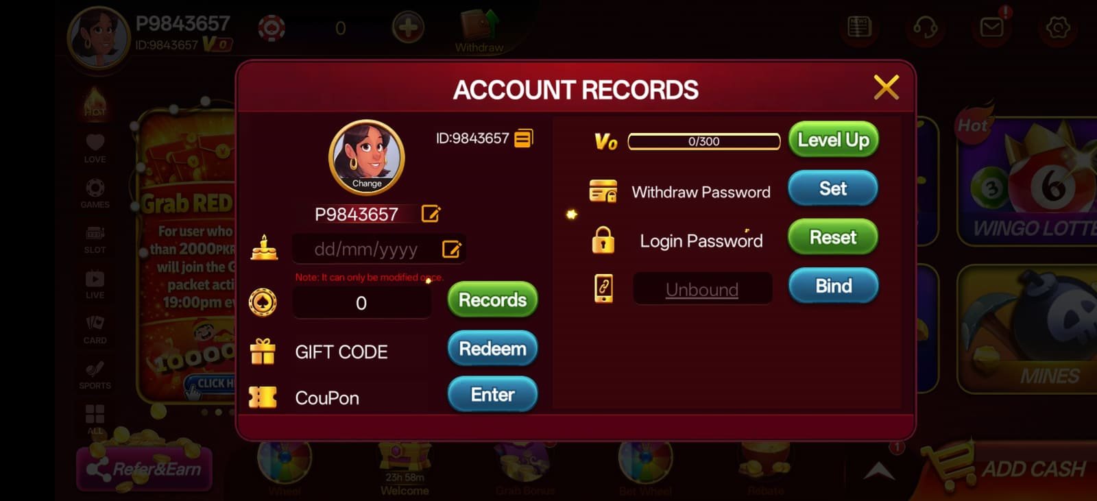S9 Game account records panel with withdraw password, login password reset and device binding options
