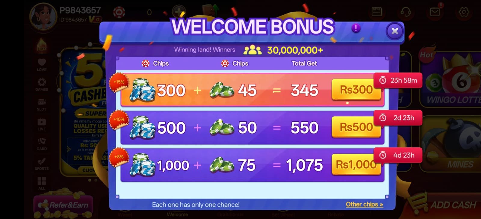 S9 Game welcome bonus panel showing tiered chip packages for new players